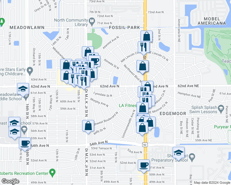 map of restaurants, bars, coffee shops, grocery stores, and more near 262 Southwest Monroe Circle North in St. Petersburg