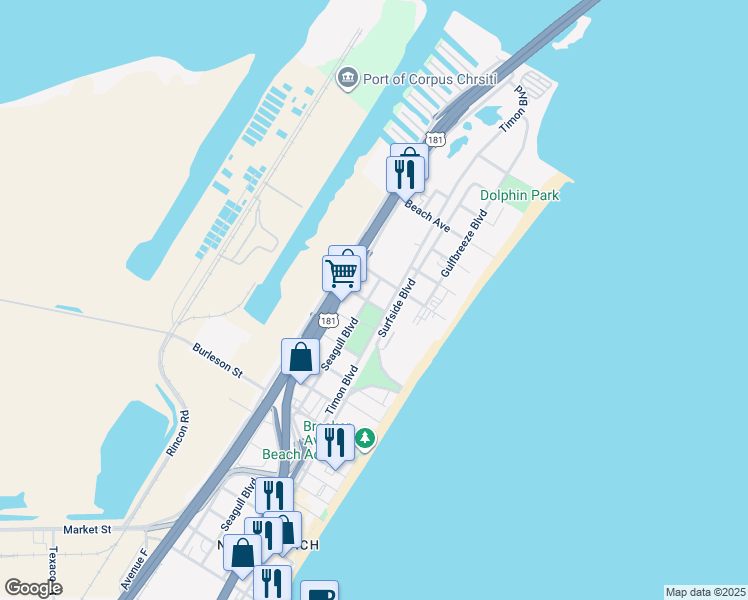 map of restaurants, bars, coffee shops, grocery stores, and more near 4121 Timon Boulevard in Corpus Christi