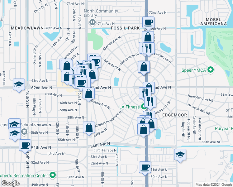 map of restaurants, bars, coffee shops, grocery stores, and more near 262 Southwest Monroe Circle North in St. Petersburg