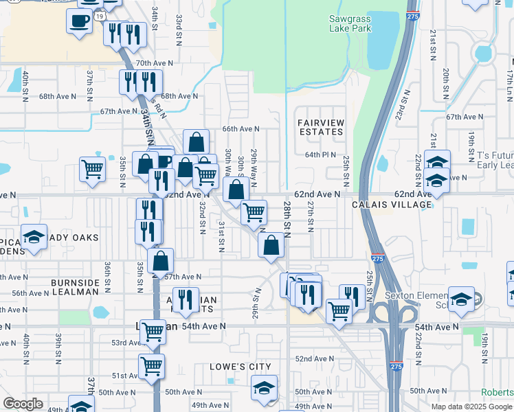 map of restaurants, bars, coffee shops, grocery stores, and more near 2922 62nd Avenue North in St. Petersburg