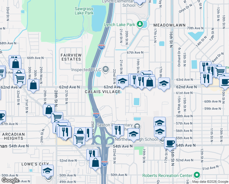map of restaurants, bars, coffee shops, grocery stores, and more near 8445 Calais Boulevard North in St. Petersburg