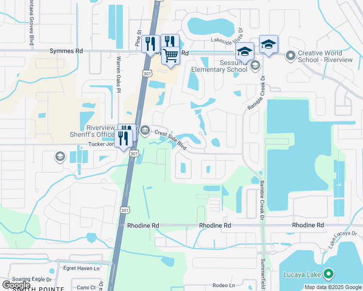 map of restaurants, bars, coffee shops, grocery stores, and more near Crest Side Boulevard in Riverview