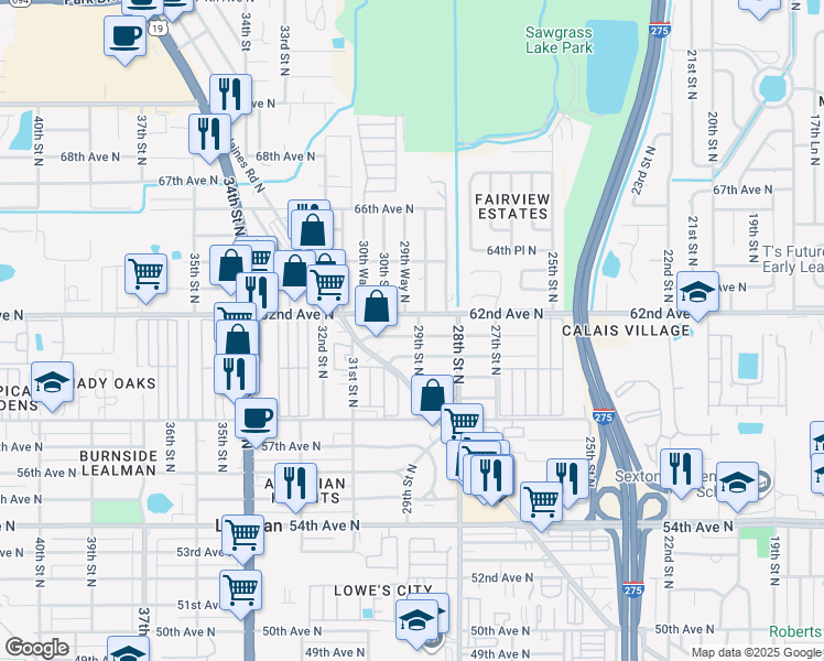 map of restaurants, bars, coffee shops, grocery stores, and more near 2850 62nd Avenue North in St. Petersburg