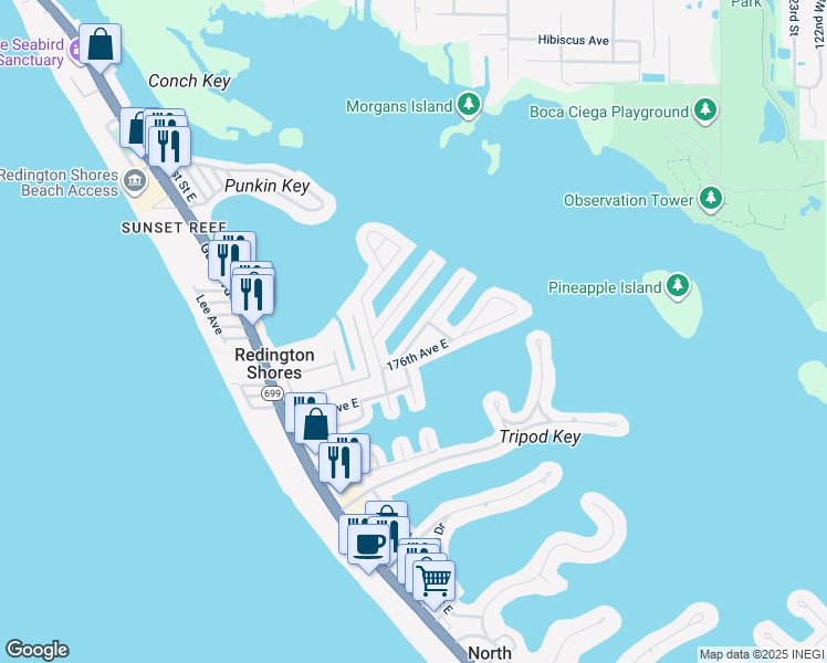 map of restaurants, bars, coffee shops, grocery stores, and more near 214 176th Terrace East in Redington Shores