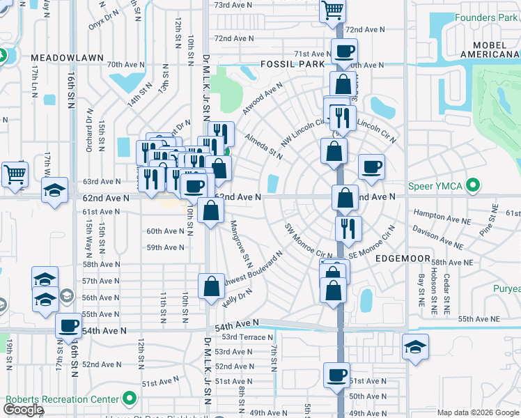 map of restaurants, bars, coffee shops, grocery stores, and more near 734 62nd Avenue North in St. Petersburg