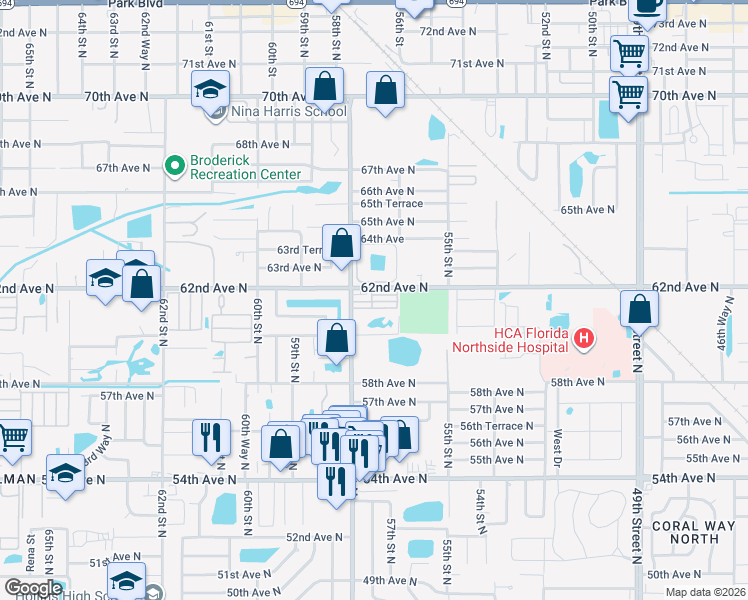 map of restaurants, bars, coffee shops, grocery stores, and more near 5790 62nd Avenue North in Pinellas Park