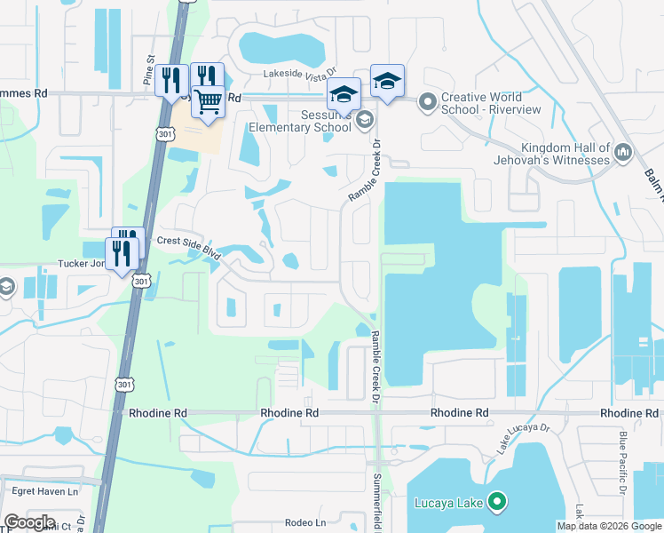map of restaurants, bars, coffee shops, grocery stores, and more near 11724 Holly Creek Drive in Riverview