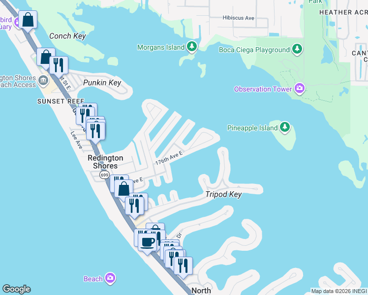 map of restaurants, bars, coffee shops, grocery stores, and more near 17605 Sterling Terrace in Redington Shores