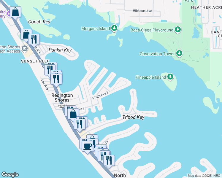 map of restaurants, bars, coffee shops, grocery stores, and more near 300 176th Avenue Circle in Redington Shores