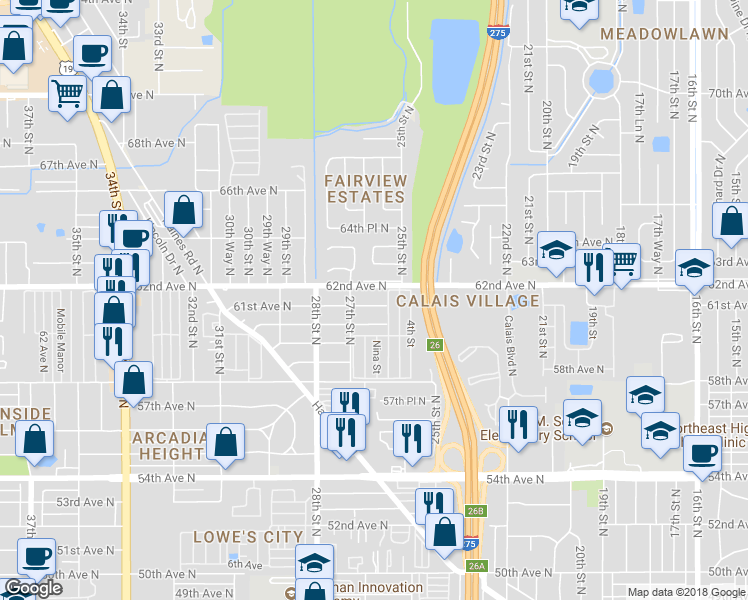 map of restaurants, bars, coffee shops, grocery stores, and more near 2625 61st Avenue North in St. Petersburg