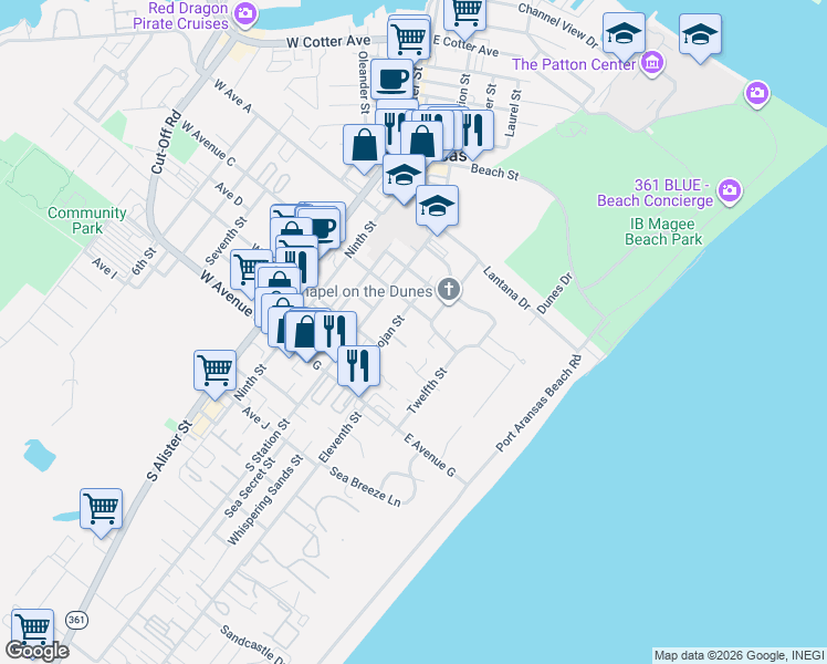 map of restaurants, bars, coffee shops, grocery stores, and more near 333 Trojan Street in Port Aransas