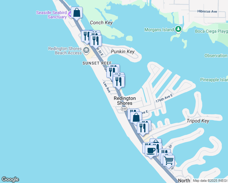 map of restaurants, bars, coffee shops, grocery stores, and more near 112 178th Avenue West in Redington Shores