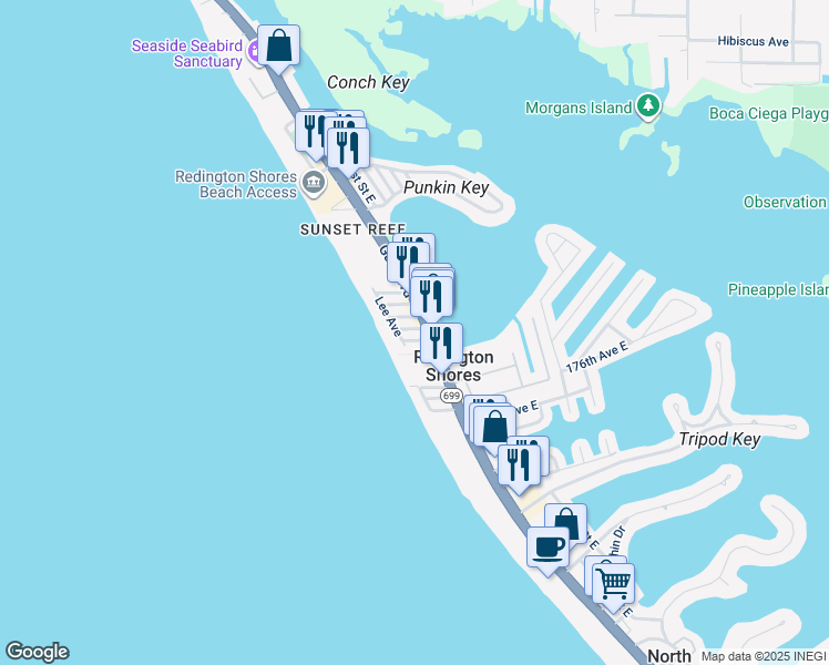 map of restaurants, bars, coffee shops, grocery stores, and more near 112 178th Avenue West in Redington Shores