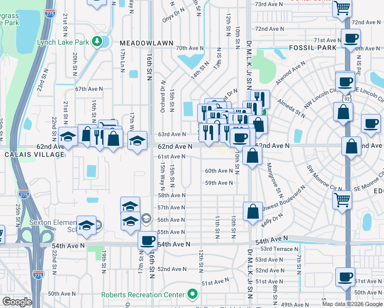 map of restaurants, bars, coffee shops, grocery stores, and more near 1221 61st Avenue North in St. Petersburg