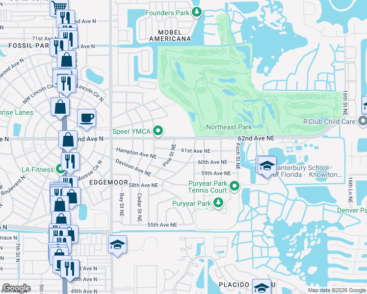 map of restaurants, bars, coffee shops, grocery stores, and more near 6100 Woodrow Wilson Boulevard Northeast in St. Petersburg