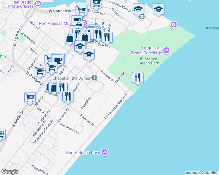 map of restaurants, bars, coffee shops, grocery stores, and more near 103 Twelfth Street in Port Aransas