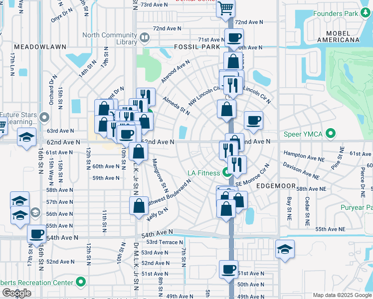 map of restaurants, bars, coffee shops, grocery stores, and more near 262 Southwest Monroe Circle North in Saint Petersburg