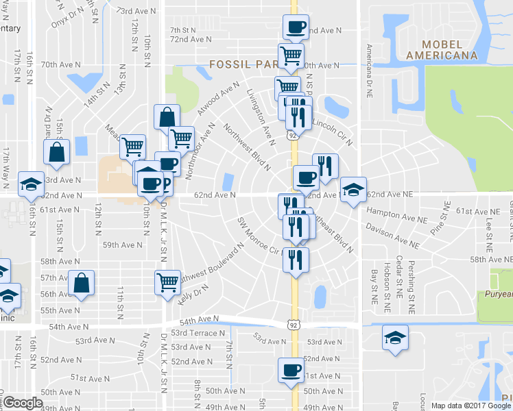 map of restaurants, bars, coffee shops, grocery stores, and more near 225 SW Madison Circle North in St. Petersburg