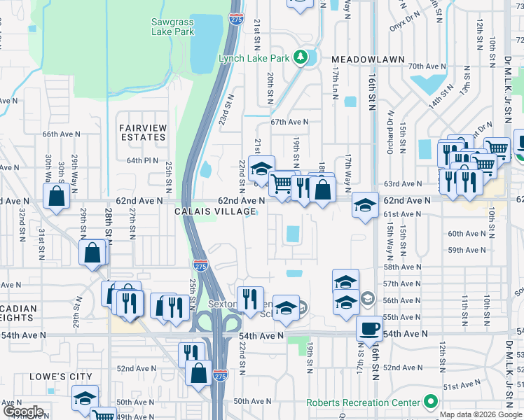 map of restaurants, bars, coffee shops, grocery stores, and more near 2100 62nd Avenue North in St. Petersburg