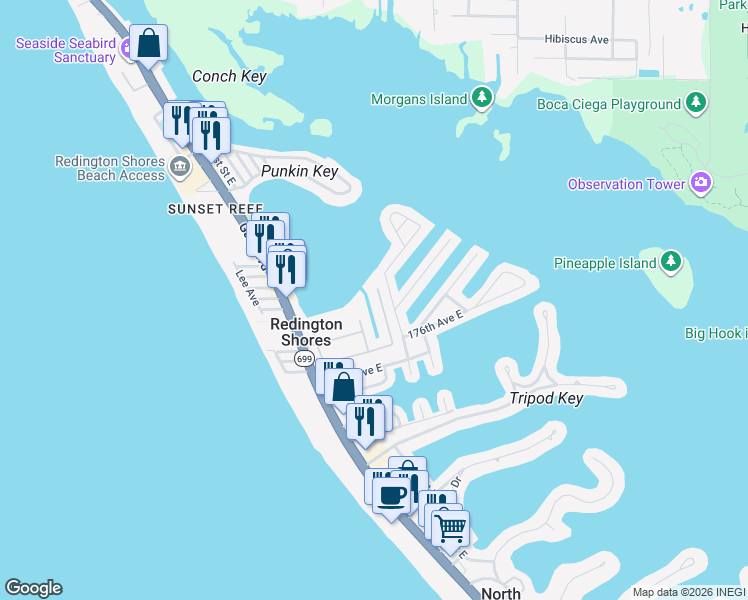 map of restaurants, bars, coffee shops, grocery stores, and more near 218 Sydney Lane in Redington Shores