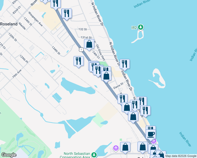 map of restaurants, bars, coffee shops, grocery stores, and more near 1809 U.S. 1 in Sebastian