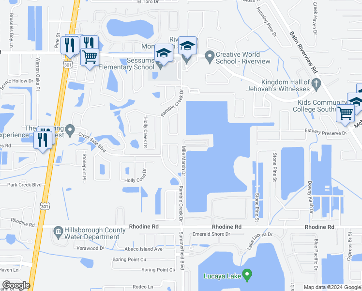 map of restaurants, bars, coffee shops, grocery stores, and more near 11824 Whisper Creek Drive in Riverview