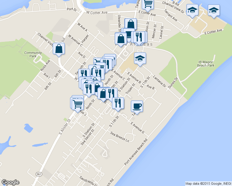 map of restaurants, bars, coffee shops, grocery stores, and more near 500 South Station Street in Port Aransas