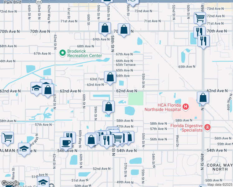 map of restaurants, bars, coffee shops, grocery stores, and more near 5790 62nd Avenue North in Pinellas Park