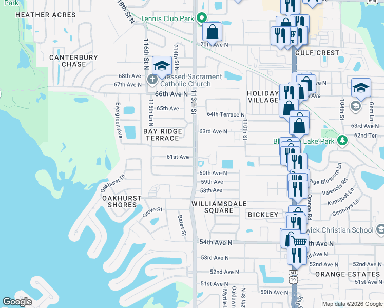 map of restaurants, bars, coffee shops, grocery stores, and more near 11301 61st Avenue in Seminole