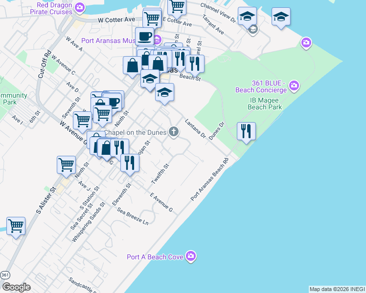 map of restaurants, bars, coffee shops, grocery stores, and more near 206 Twelfth Street in Port Aransas