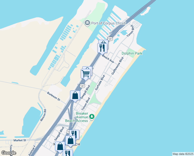 map of restaurants, bars, coffee shops, grocery stores, and more near 4121 Timon Boulevard in Corpus Christi