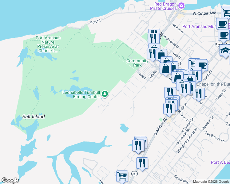 map of restaurants, bars, coffee shops, grocery stores, and more near 1300 Ross Avenue in Port Aransas