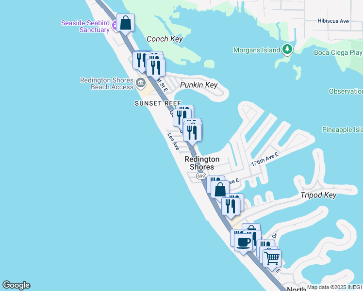 map of restaurants, bars, coffee shops, grocery stores, and more near 131 178th Ave W in Redington Shores
