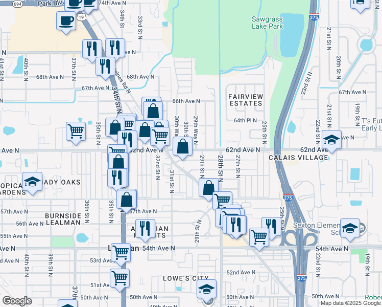 map of restaurants, bars, coffee shops, grocery stores, and more near 2922 62nd Avenue North in St. Petersburg