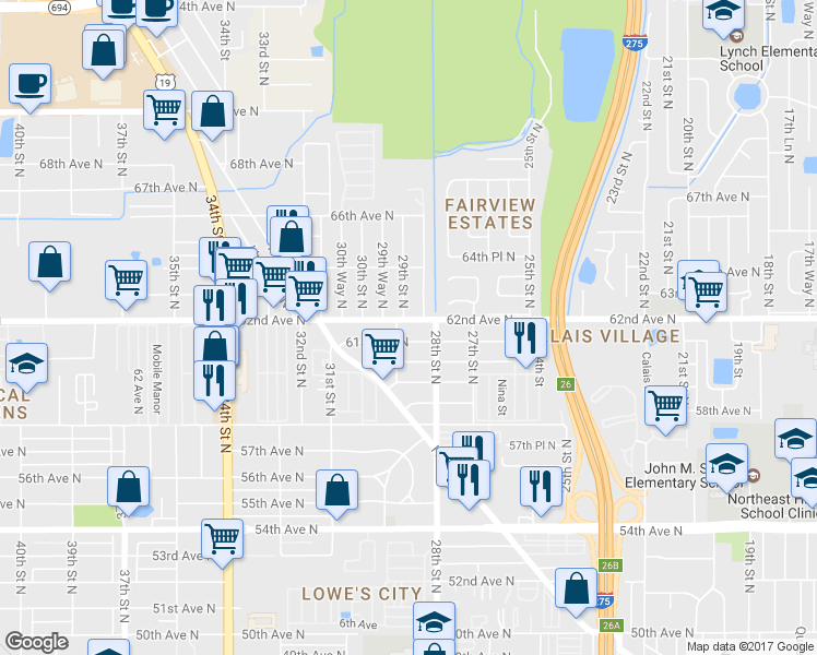 map of restaurants, bars, coffee shops, grocery stores, and more near 2850 62nd Avenue North in St. Petersburg