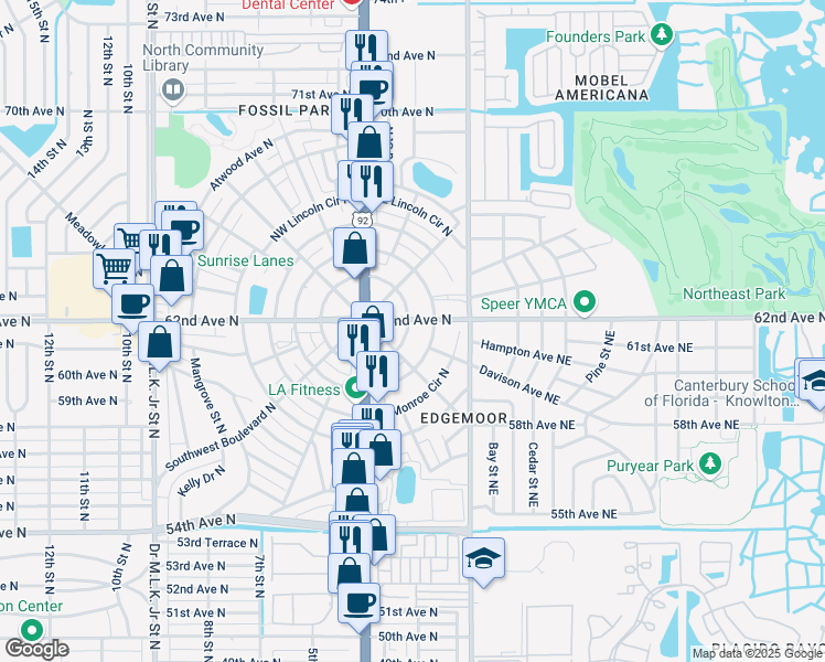 map of restaurants, bars, coffee shops, grocery stores, and more near 221 Northwest Jefferson Circle North in Saint Petersburg