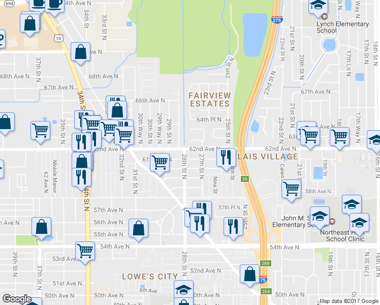 map of restaurants, bars, coffee shops, grocery stores, and more near 2790 62nd Avenue North in St. Petersburg