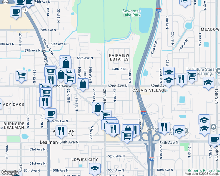 map of restaurants, bars, coffee shops, grocery stores, and more near 2790 62nd Avenue North in St. Petersburg