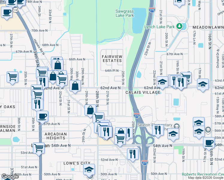 map of restaurants, bars, coffee shops, grocery stores, and more near 2676 62nd Avenue North in St. Petersburg