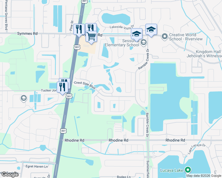 map of restaurants, bars, coffee shops, grocery stores, and more near 11046 Winter Crest Drive in Riverview