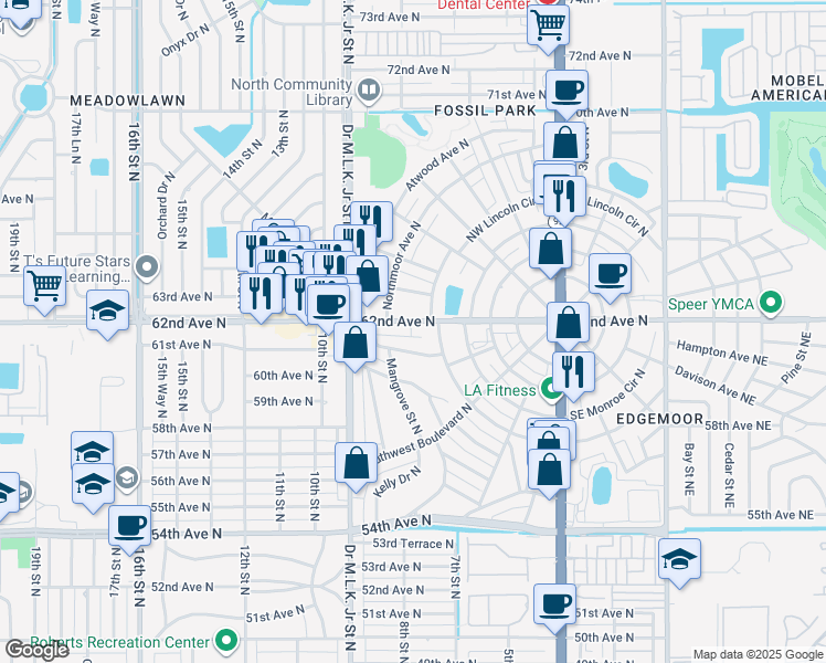 map of restaurants, bars, coffee shops, grocery stores, and more near 734 62nd Avenue North in St. Petersburg