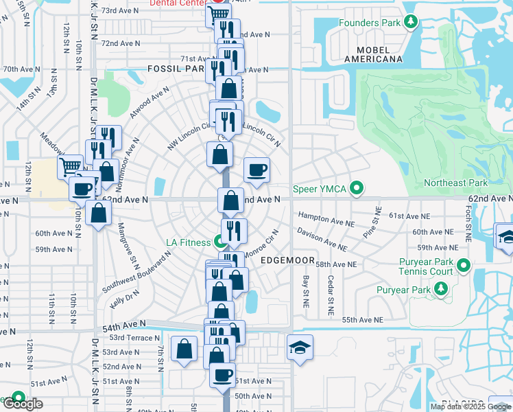 map of restaurants, bars, coffee shops, grocery stores, and more near 221 Southeast Jefferson Circle North in St. Petersburg