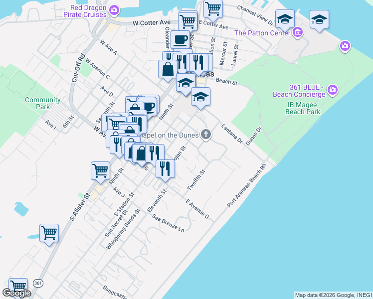 map of restaurants, bars, coffee shops, grocery stores, and more near 333 Trojan Street in Port Aransas