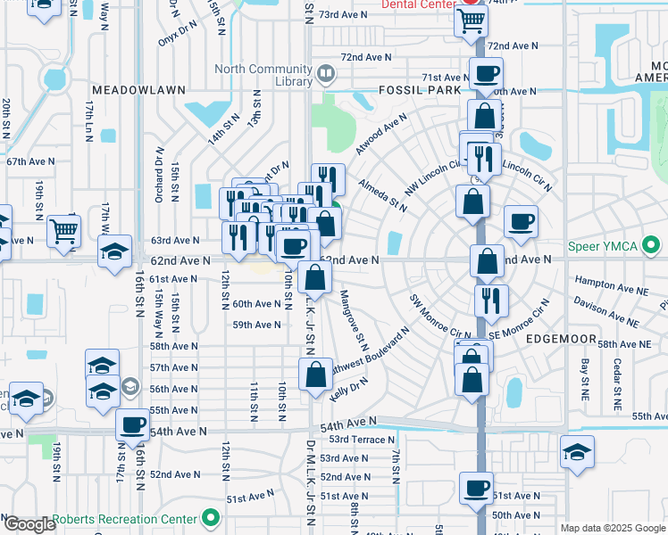 map of restaurants, bars, coffee shops, grocery stores, and more near 788 62nd Ave N in St Petersburg