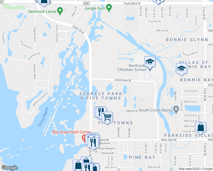 map of restaurants, bars, coffee shops, grocery stores, and more near 8199 Terrace Garden Drive North in St. Petersburg