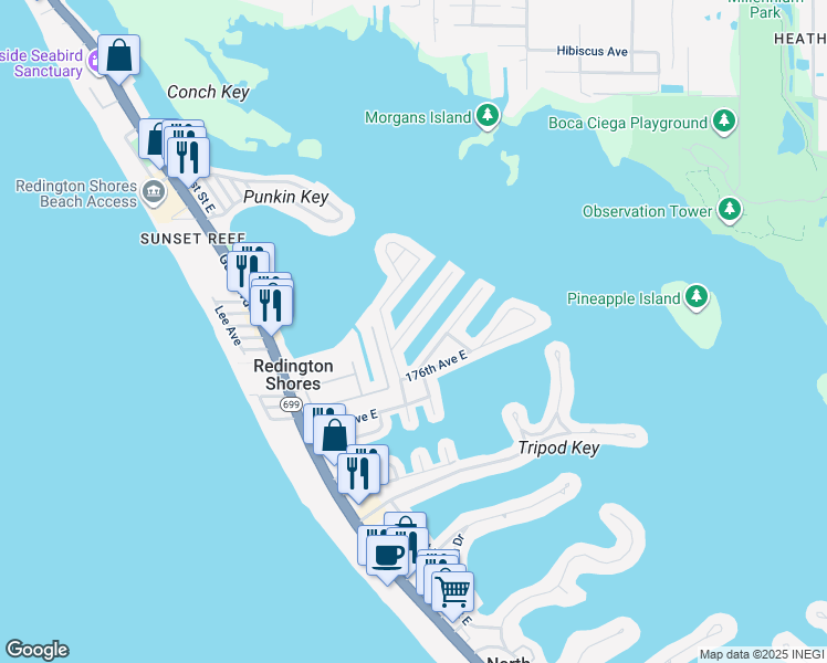 map of restaurants, bars, coffee shops, grocery stores, and more near 17711 Long Point Drive in Redington Shores