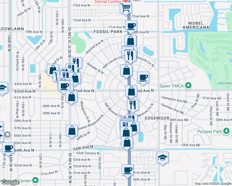 map of restaurants, bars, coffee shops, grocery stores, and more near 225 Southwest Madison Circle North in St. Petersburg