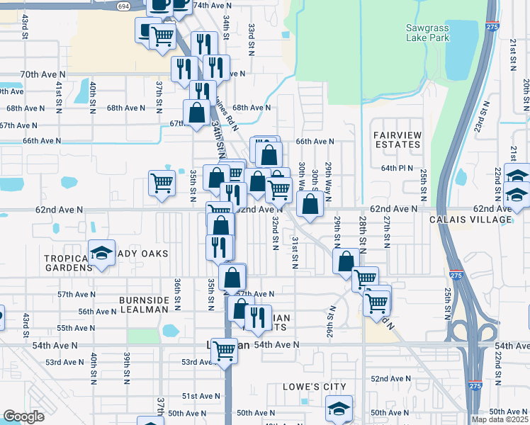 map of restaurants, bars, coffee shops, grocery stores, and more near 3200 62nd Avenue North in St. Petersburg