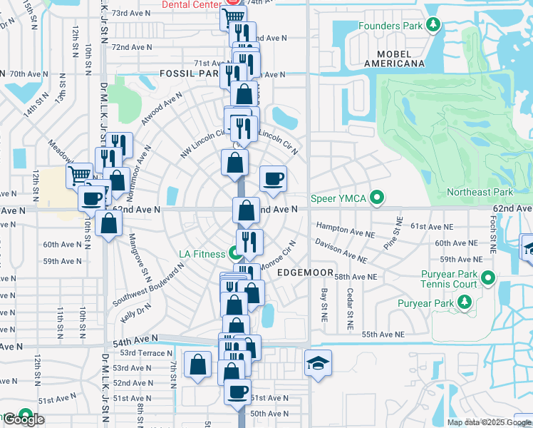 map of restaurants, bars, coffee shops, grocery stores, and more near 221 Southeast Jefferson Circle North in St. Petersburg