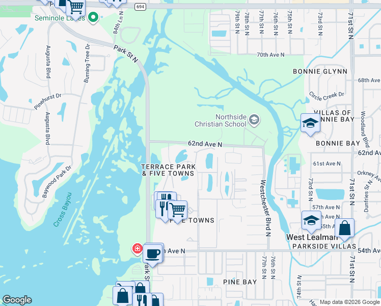 map of restaurants, bars, coffee shops, grocery stores, and more near 6188 80th Street North in St. Petersburg